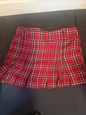Red Plaid Pleated Mini Skirt with Belt Loops